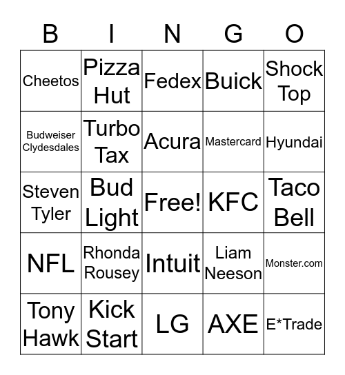 Super Bowl Bingo Card