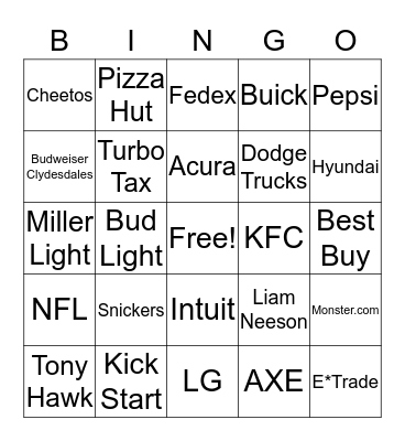 Super Bowl Bingo Card