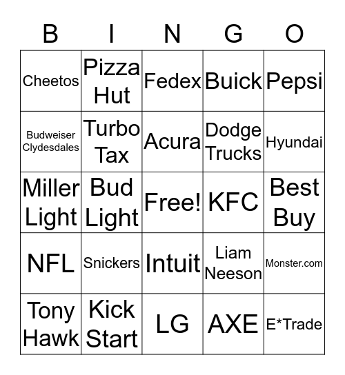 Super Bowl Bingo Card