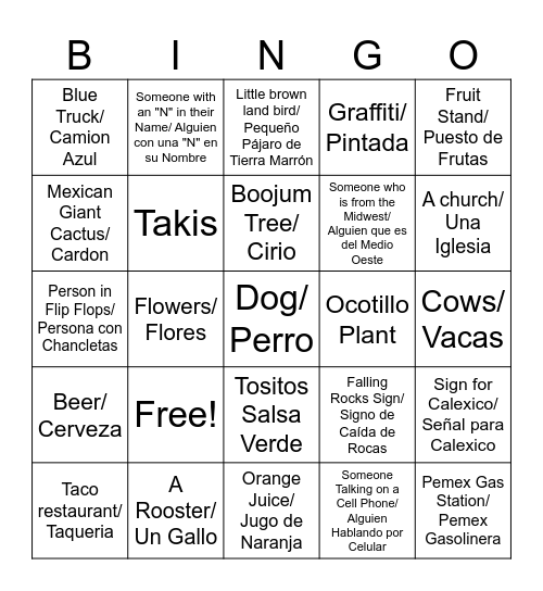 BAJA Road Trip Bingo Card