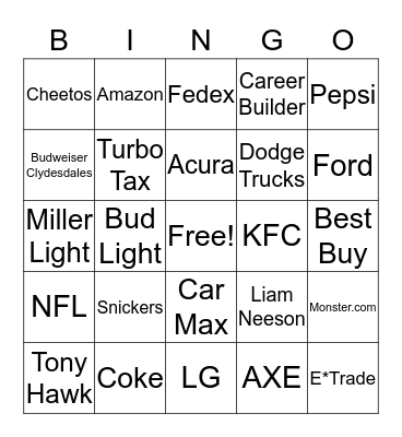 Super Bowl Bingo Card