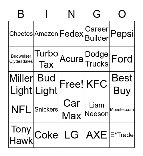 Super Bowl Bingo Card