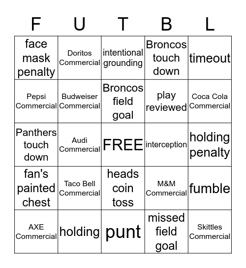 2016 Super Bowl Bingo Card
