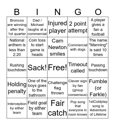 Super Bowl 50 Bingo Card