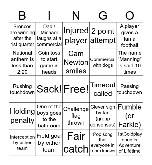 Super Bowl 50 Bingo Card