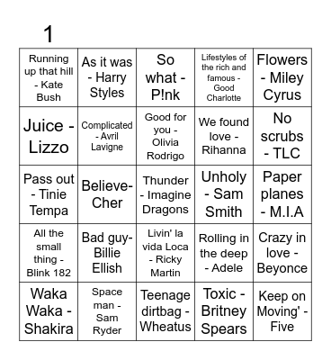 Musical Bingo Card