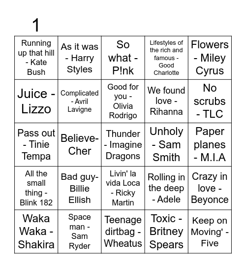 Musical Bingo Card