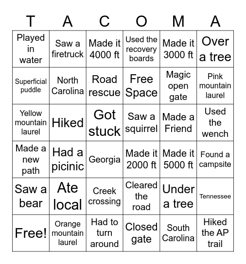 Adventure Bingo Card