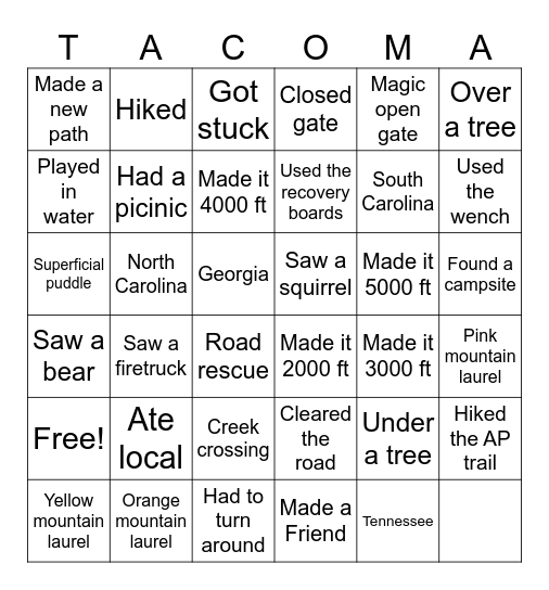 Adventure Bingo Card