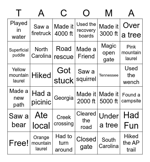 Adventure Bingo Card