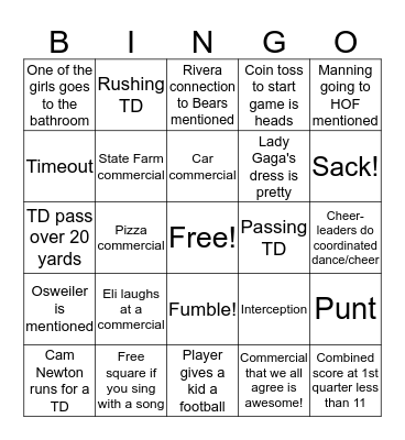 Super Bowl 50 Bingo Card