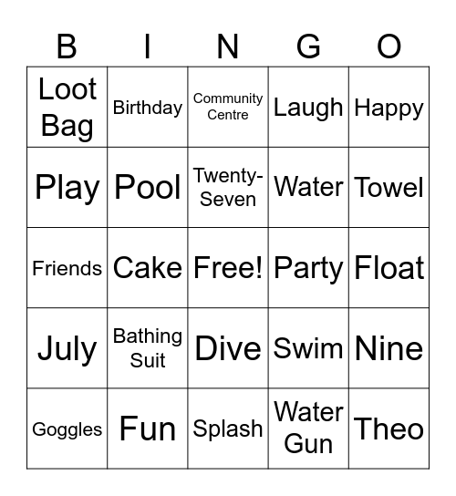 Theo's 9! Birthday Pool Party Bingo Card