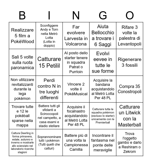 Pokémon Bianco e Nero Bingo Card