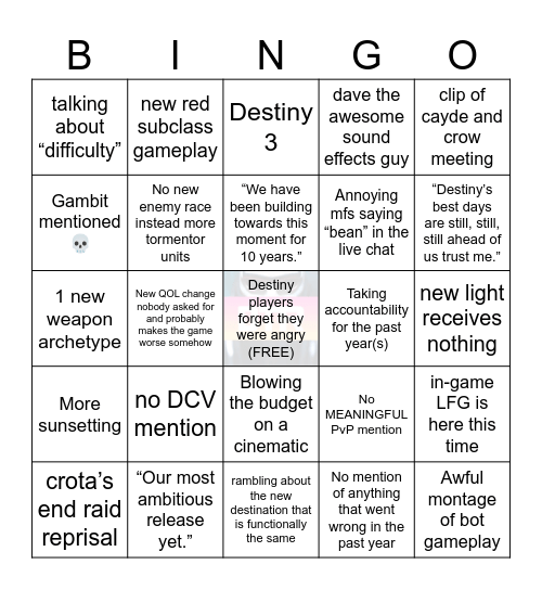 Destiny 2 Showcase 2023 Bingo Card