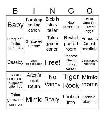 FNAF RUIN Bingo Card