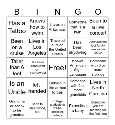 Austin-Johnson-Thornton Family Reunion Bingo Card