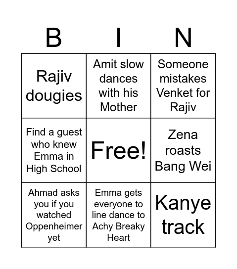 Emma's Dance Party Bingo Card