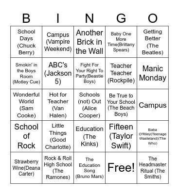 BACK TO SCHOOL SONGS Bingo Card