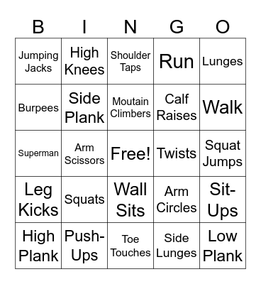 Body Weight Exercises Bingo Card