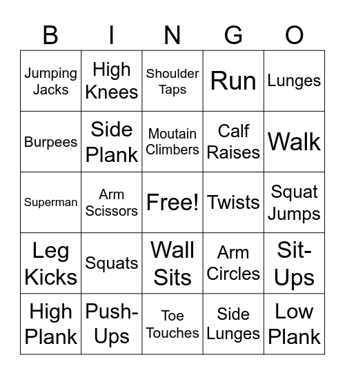 Body Weight Exercises Bingo Card