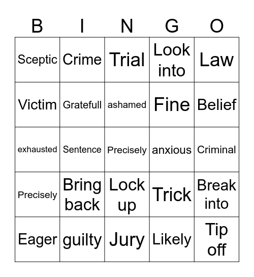 Vocabulay Intermediate Bingo Card