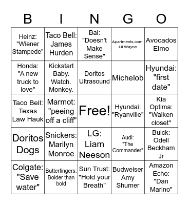 Superbowl 50 Commercial Bingo Card