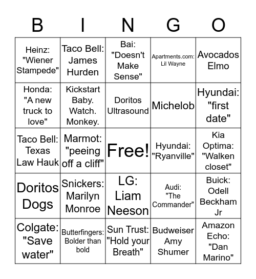 Superbowl 50 Commercial Bingo Card