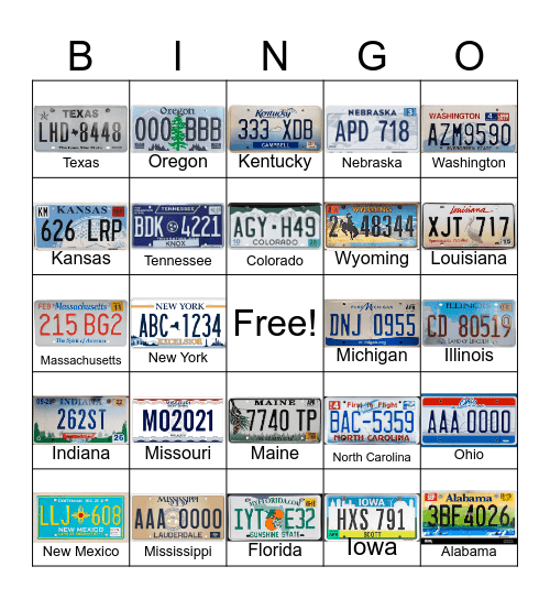 License Plate Bingo Card