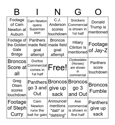 Super Bowl Bingo Card