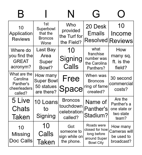 Superbowl Bingo Card