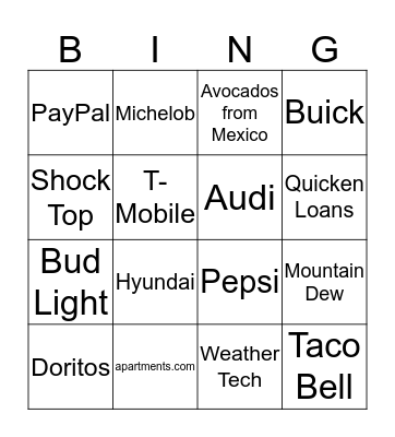 Super Bowl 2016 Bingo Card