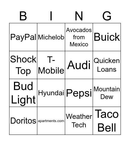 Super Bowl 2016 Bingo Card