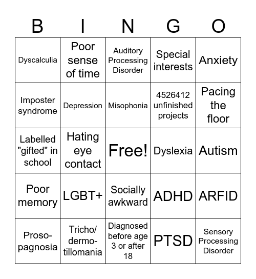 Neurodivergent Bingo Card