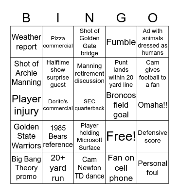 Super Bowl 50 Bingo Card
