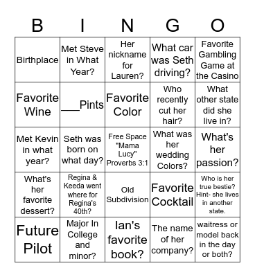 Lake's Celebration of Life Brunch Bingo Card