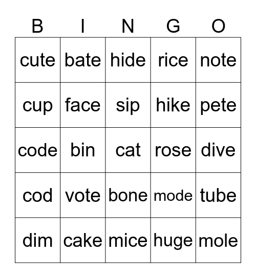 Magic E Bingo Card