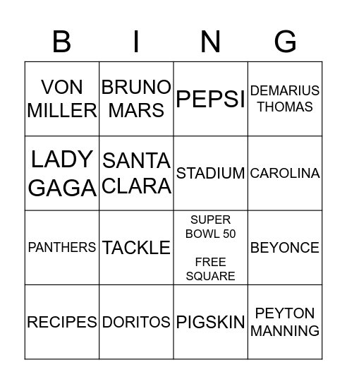 SUPER BOWL 50 Bingo Card