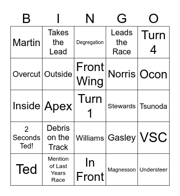 F1 Racing Update July 2023 Bingo Card