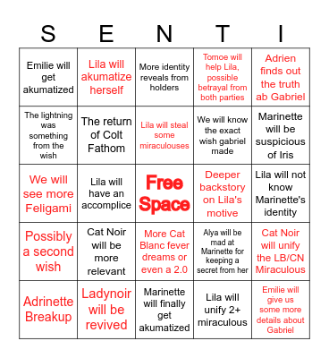 Miraculous S6 Prediction Bingo Card