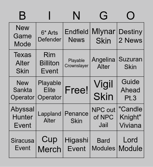 Arknights 4.5 Bingo Card