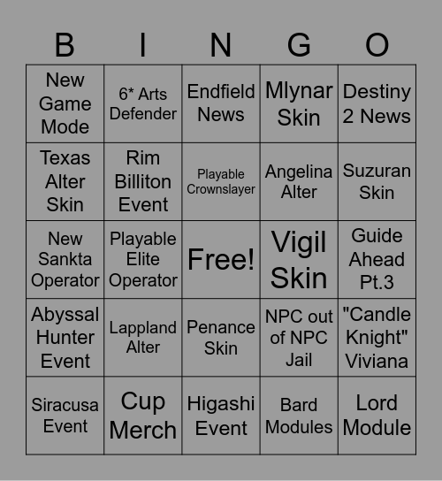 Arknights 4.5 Bingo Card