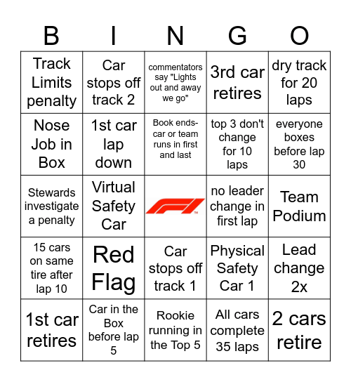 Hungarian GP 2023 Bingo Card