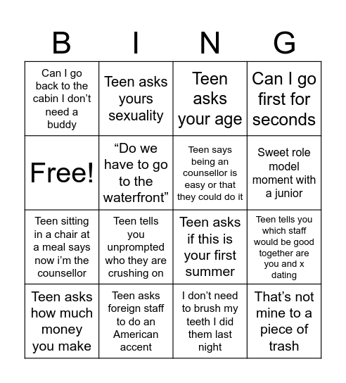Teen Bingo Card