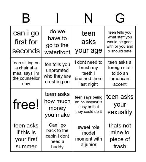 Teen Bingo Card