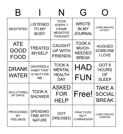 Self- Care Bingo Card