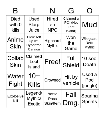 Fortnite Bingo C4S3 Bingo Card
