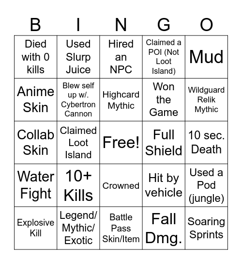 Fortnite Bingo C4S3 Bingo Card