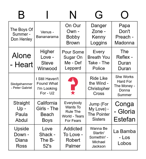 1980s Songs of the Summer Bingo Card