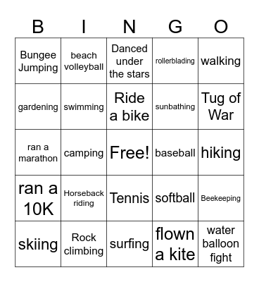Outdoor Activities Bingo Card