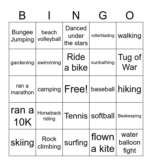 Outdoor Activities Bingo Card